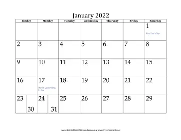 January 2022 Calendar Calendar