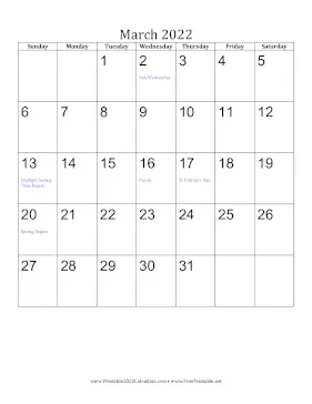 March 2022 Calendar (vertical) Calendar