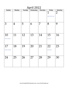 April 2022 Calendar (vertical) Calendar
