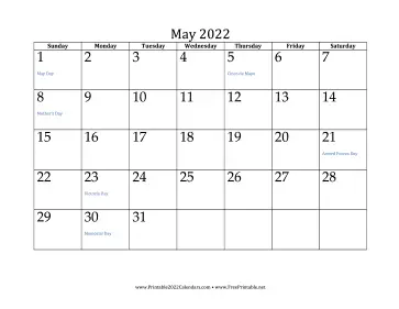 May 2022 Calendar Calendar