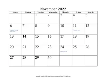 November 2022 Calendar Calendar