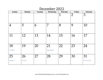 December 2022 Calendar Calendar