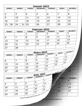 2022 Calendar Four Months Per Page Calendar