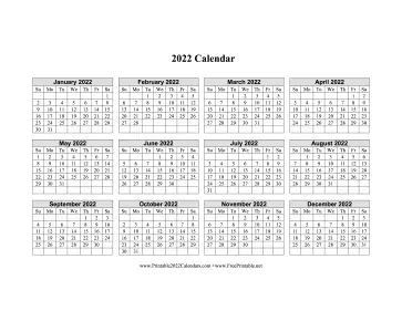 2022 Calendar One Page Horizontal Grid Calendar