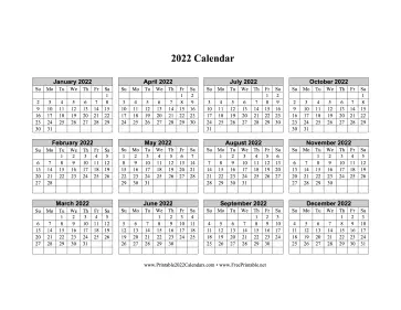 2022 Calendar One Page Horizontal Grid Descending Calendar