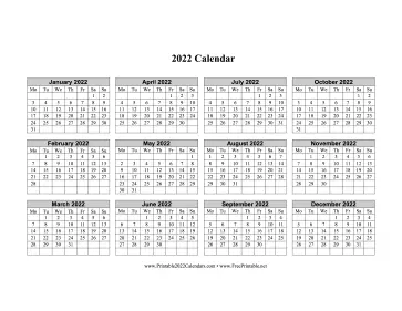 2022 Calendar One Page Horizontal Grid Descending Monday Start Calendar