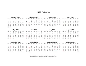 2022 Calendar One Page Horizontal Holidays In Red Calendar