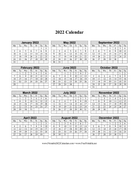 2022 Calendar One Page Vertical Grid Descending Monday Start Calendar