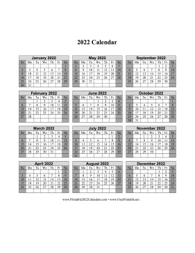 2022 Calendar One Page Vertical Grid Descending Shaded Weekends Calendar