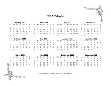 2022 One Page Calendar With Flowers Calendar