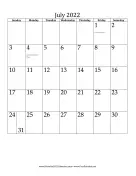 July 2022 Calendar (vertical) calendar
