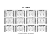 2022 Calendar One Page Horizontal Grid Descending Shaded Weekends calendar