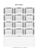 2022 Calendar One Page Vertical Grid Descending Shaded Weekends Notes calendar